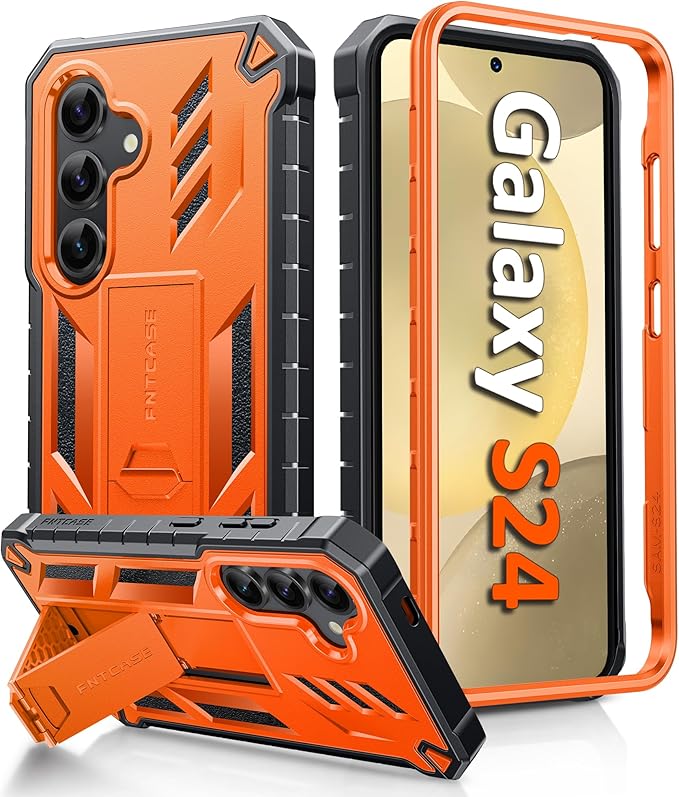 FNTCASE for Samsung Galaxy S24 Case: Military Grade Shockproof Protective Phone Cover with Kickstand | Rugged Full Drop Proof Protection | Dual Layer Matte Textured TPU Cases - 6.2 inches (Orange)