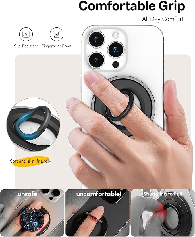 [2025 Newest] Magnetic Phone Grip for MagSafe Ring Holder, Magnet Phone Grip Stand Finger Kickstand Two-Sided Magnetic Compatible with iPhone 17 Pro/Max 16 15 14 13 12 11 Plus&Android