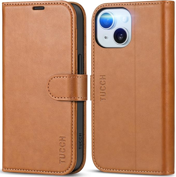 TUCCH Case Wallet for iPhone 15 6.1", [RFID Blocking] [4 Card Slots] Kickstand [Shockproof TPU Interior Case], PU Leather Magnetic Flip Cover Compatible with iPhone 15 5G 2023, Light Brown
