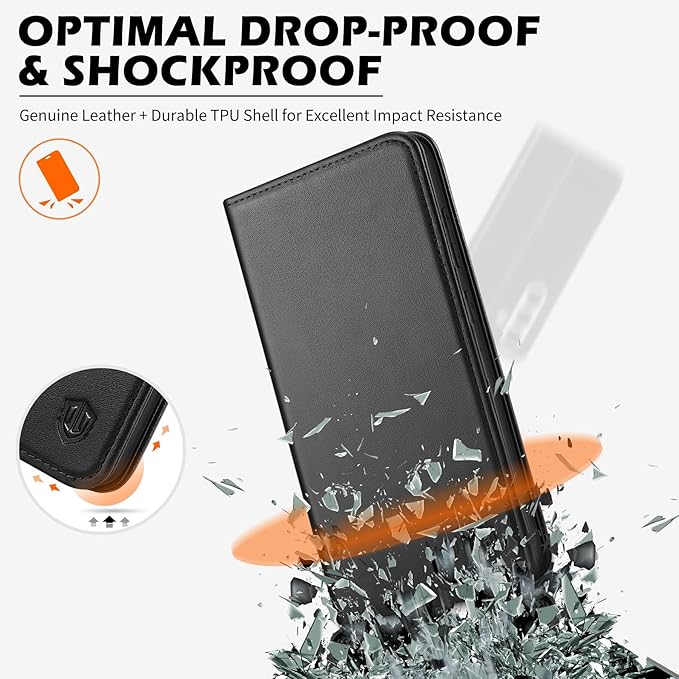 SHIELDON Wallet Case for Galaxy S25 FE 6.7" 2025, Genuine Leather Folio Case Magnetic RFID Blocking Credit Card Holder Kickstand Shockproof Phone Cover Compatible with Galaxy S25 FE - Nappa Black