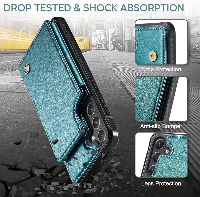 Vinich for Samsung Galaxy S24 Plus Wallet Case with Card Holder, RFID Blocking Credit Slots Kickstand Shockproof Phone Cover for Women Men, Bluish Green