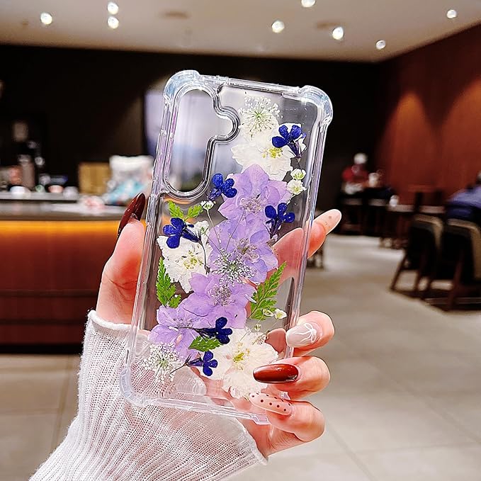Compatible with Samsung Galaxy S25 Plus Case Cute Pressed Dried Real Flowers Women Girly Shockproof Soft TPU Floral Clear Phone Cover for Galaxy S25+(Purple Flower)