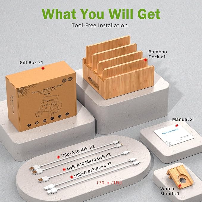 Pezin & Hulin Bamboo Charging Stand, Dock Organizer for Multi Devices, Cell Phone, Tablets, Smart Watch, with Pack 5 Cables, No Power Charger Block