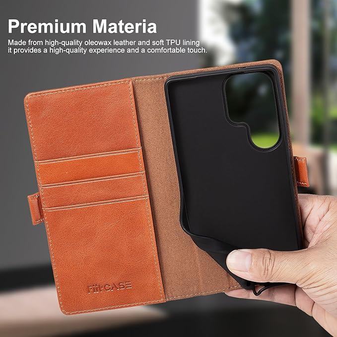 Case for Galaxy S25 Ultra 6.9"-Genuine Leather Folio Wallet Case with Kickstand RFID Blocking Card Holder Magnetic Protective Phone Cover Compatible with Galaxy S25 Ultra 2025 (Brown)