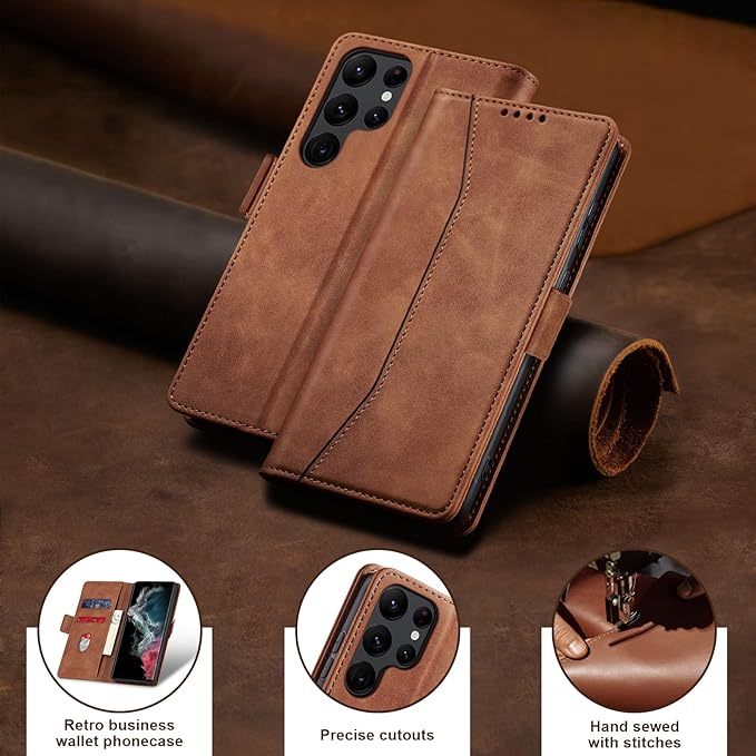Jasonyu Flip Wallet Case for Samsung Galaxy S22 Ultra 5G,Leather Magnetic Folio Cover with Card Holder,Kickstand - TPU Shockproof Durable Protective Phone Case,Brown