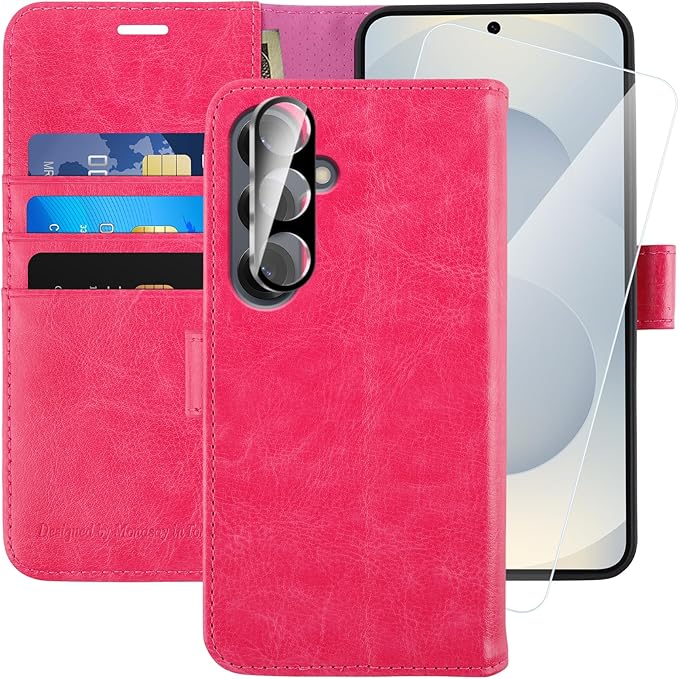 MONASAY Wallet Case Fit for Samsung Galaxy S25 5G, [Lens & Glass Screen Protector Included] [RFID Blocking] Flip Folio Leather Cell Phone Cover with Credit Card Holder, 6.2 inch, Hot-Pink