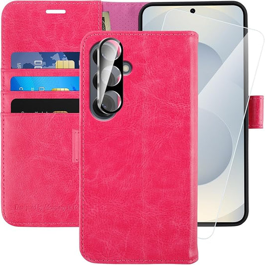 MONASAY Wallet Case Fit for Samsung Galaxy S25 5G, [Lens & Glass Screen Protector Included] [RFID Blocking] Flip Folio Leather Cell Phone Cover with Credit Card Holder, 6.2 inch, Hot-Pink