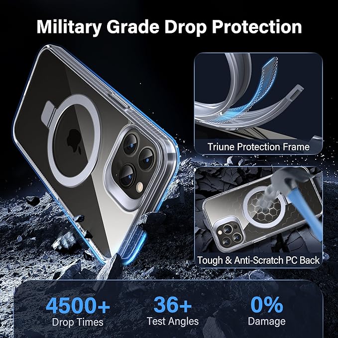 Magnetic Case for iPhone 14 Pro - [Built-in Invisible Stand] [Compatible with MagSafe] [Military Grade Drop Protection] Anti-Yellowing Hard Back Silicone Edge Cover, 6.1", Clear
