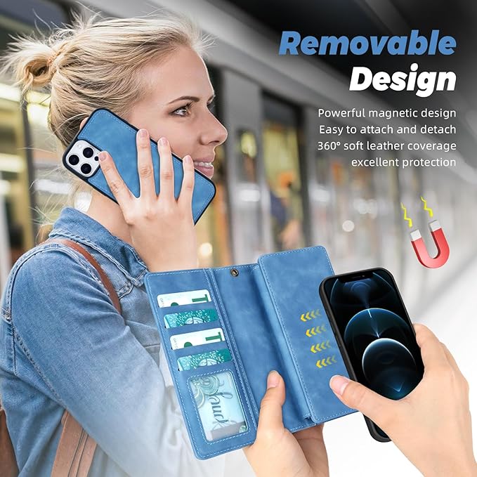 TwoHead for iPhone 12 Pro Max Wallet Case with Card Holder,Detachable Magnetic 12 Pro Max Phone Case, PU Leather Shockproof Protective Cover Wallet for Women/Men,6.7IN,Sky Blue