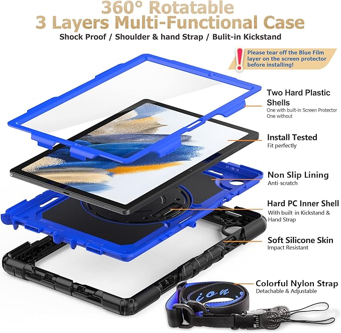 SEYMAC stock Case for Samsung Galaxy Tab A8 10.5'', Full-Body Drop Protection Case with Screen Protector Pencil Holder [360° Rotating Hand Strap] &Stand, Blue+Black