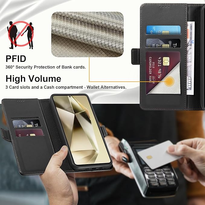 Wallet Flip Case for Samsung Galaxy S24 Ultra 5G - [RFID Blocking] Luxury PU Leather Card Holder Magnetic Phone Cover with Kickstand,Shockproof Protective Case,Black