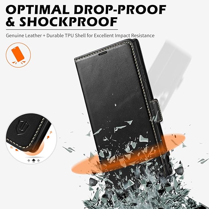 SHIELDON Case for Galaxy S25 Ultra 6.9", Genuine Leather Folio Wallet Case RFID Blocking Card Holder Folio Magnetic Stand Shockproof Protective Cover Compatible with Galaxy S25 Ultra 5G - Retro Black