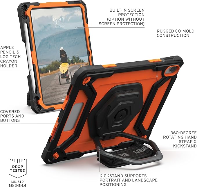 URBAN ARMOR GEAR UAG Designed for iPad 11" A16 11th Gen 2025, 10.9" 10th Gen 2022 Case w/Built-in Screen Protector A3354 A3355 Rugged Protective Cover w/Kickstand & Hand Strap, Plasma Orange/Black