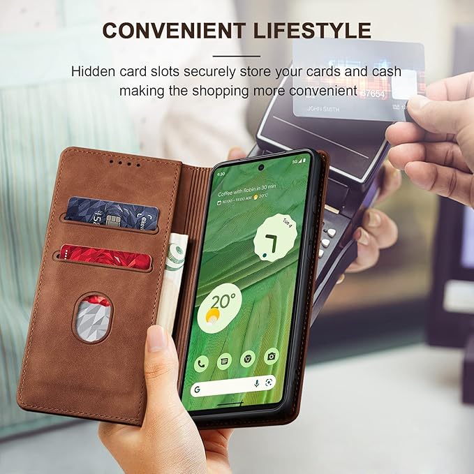 Jasonyu Flip Wallet Case for Google Pixel 7 5G,Leather Magnetic Folio Cover with Card Holder,Kickstand - TPU Shockproof Durable Protective Phone Case,Brown