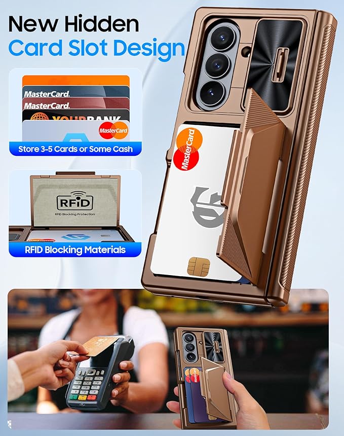for Samsung Galaxy Z Fold 7 Case with Card Holder RFID Blocking, Built in Slide Lens Cover & Hinge Protection & Screen Protector, Shockproof Wallet Case for Z Fold 7 (Desert Gold)