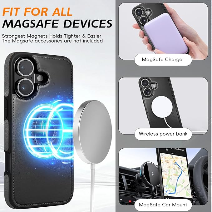for iPhone 16 Leather Wallet Case, Compatible with Magsafe, 2 in 1 Detachable Magnetic Card Holder, RFID Blocking Kickstand Credit Slots Flip Case for Men Women, Black
