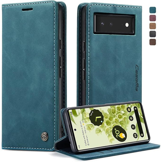 for Google Pixel 6 Case, Flip Wallet Leather Case with Card Holder Magnetic Closure Shockproof Kickstand Protective Phone Cases Cover for Google Pixel 6,Blue-Green