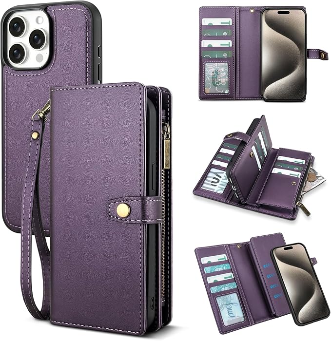 TwoHead Wallet Case Compatible with iPhone 15 Pro Max,Detachable Magnetic Phone Case,All-Round Shockproof Protective Leather Phone Case with Card Holder,6.7 in,Deep Purple