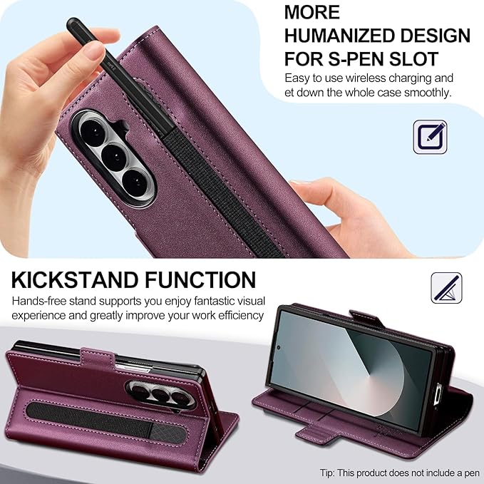 HXY Wallet Case for Samsung Galaxy Z Fold 7 with S Pen Holder, PU Leather Magnetic Flip Case for Men Women with Card Holder Kickstand Shockproof Protection Case for Galaxy Z Fold 7 2025 (Purple)