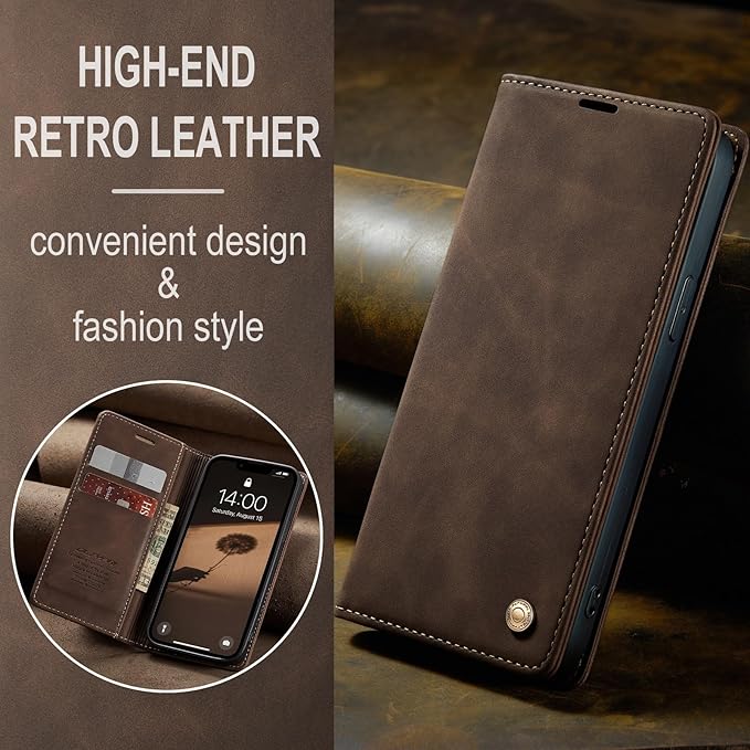 QLTYPRI Case for iPhone 16e, Vintage PU Leather Wallet Case Card Slot Kickstand Magnetic Closure Shockproof Flip Folio Cover for iPhone 16e - Coffee Brown