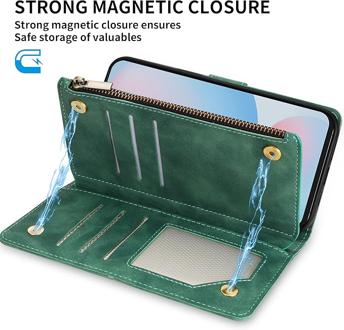 ZZXX for Samsung Galaxy S24 FE Wallet Case with RFID Blocking Card Slot PU Leather Zipper Flip Folio with Strap Kickstand Protective Cover for Samsung Galaxy S24 FE Case Wallet(Green-6.7 inch)