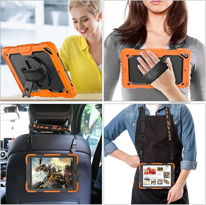 SEYMAC stock Case for iPad Air 3 2019 / Pro 10.5'' with Screen Protector Pen Holder [360° Rotate Hand Strap/Stand], Drop-Proof Case (Black+Orange)