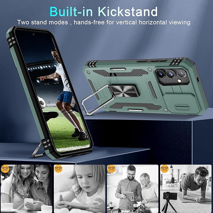 DEERLAMN Case for Samsung Galaxy S24+ Plus with Slide Camera Cover+Screen Protector (1 Pack), Rotated Ring Kickstand Military Grade Shockproof Protective Cover-Green