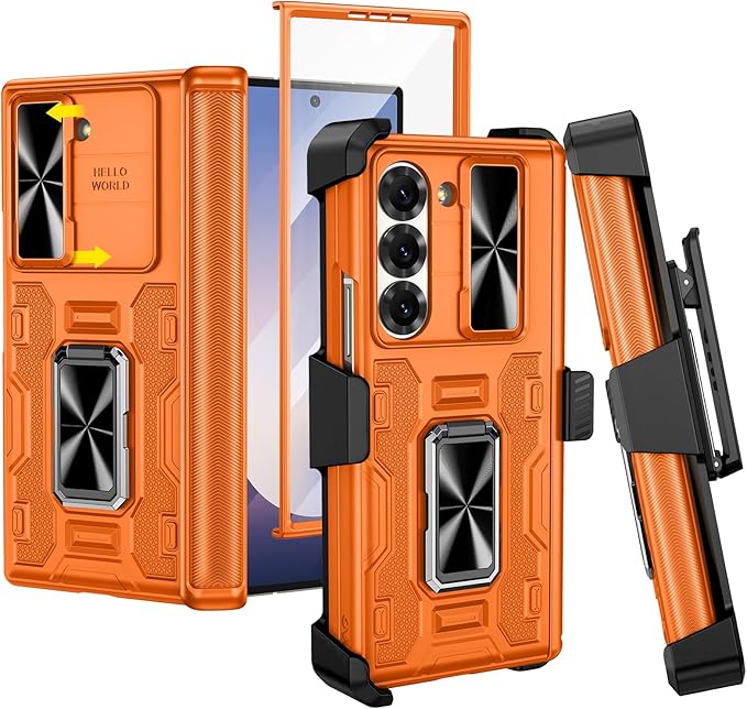 VEGO for Galaxy Z Fold 6 Case with Stand, 360°Ring Magnetic Kickstand & Hinge Protection & Front Screen Protector & Camera Cover & Belt Clip Holster Case for Samsung Galaxy Z Fold 6 5G - Orange