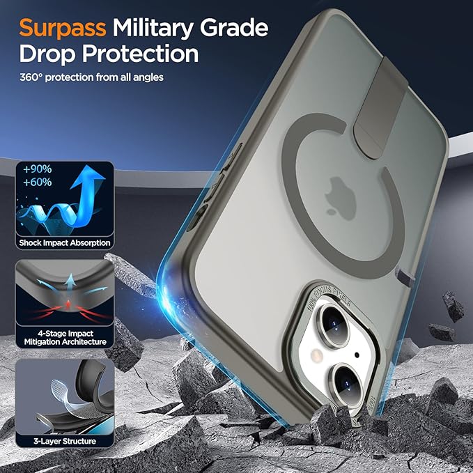 for iPhone 14 Case Compatible with Magsafe, Built-in Invisible Stand [Military Drop Protection] Strong Magnetic Shockproof Slim Protective Phone Case Cover for iPhone 14 6.1" (Gray)