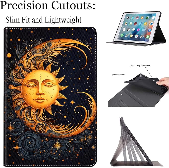 Case for Galaxy Tab A9 Plus ， Auto Sleep/Wake Multi-Angle Viewing Slim Folio Stand Cover for Samsung Galaxy Tab A9+/A9 Plus 11 Inch 2023 (SM-X210/X216/X218), Golden Sun Moon