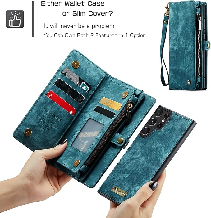 SZHAIYU 2 in 1 Detachable for Samsung Galaxy S23 Ultra Wallet Case with Card Holder, Retro Premium Flip Leather Cover Magnetic Zipper Pocket Phone Cases 6.8'' (Blue,S23 Ultra)