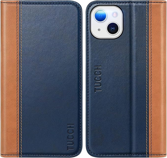 TUCCH Wallet Case for iPhone 14 6.1 5G, PU Leather Folio Case with [RFID Blocking] [3 Card Slot], Kickstand Book Design [Shockproof TPU Interior Case] Compatible with iPhone 14 6.1-inch, Brown & Blue