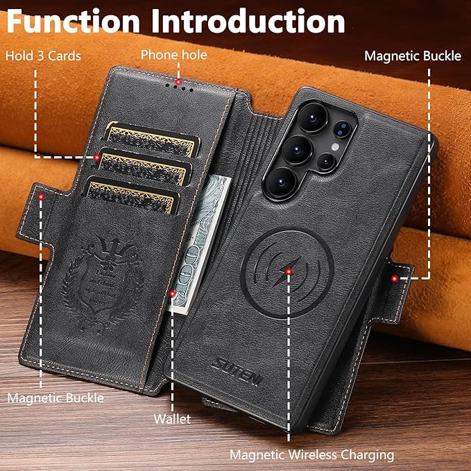 SINIANL for Samsung Galaxy S24 Ultra Leather Wallet Case Compatible with MagSafe Wireless Charging, Detachable Leather Cover with Card Slots Holder, Kickstand, Magnetic for Galaxy S24 Ultra Black