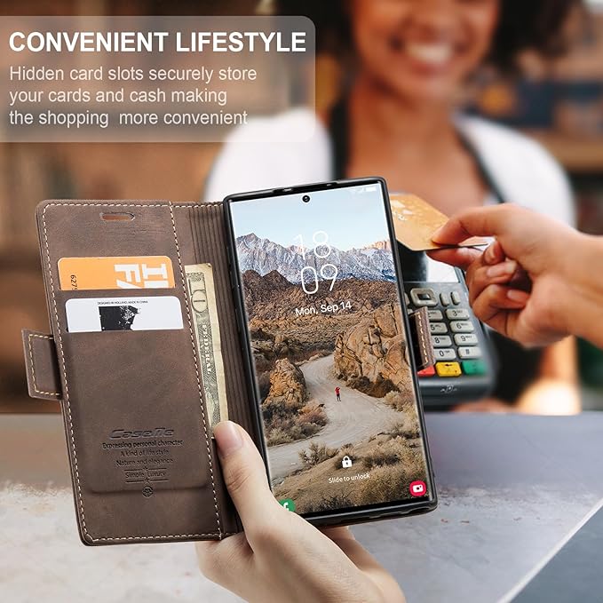 for Samsung Galaxy S24 Ultra Case, Flip Wallet Leather Case with Card Holder Magnetic Closure Shockproof Kickstand Protective Phone Cases Cover for Galaxy S24 Ultra 5G Cover,Coffee