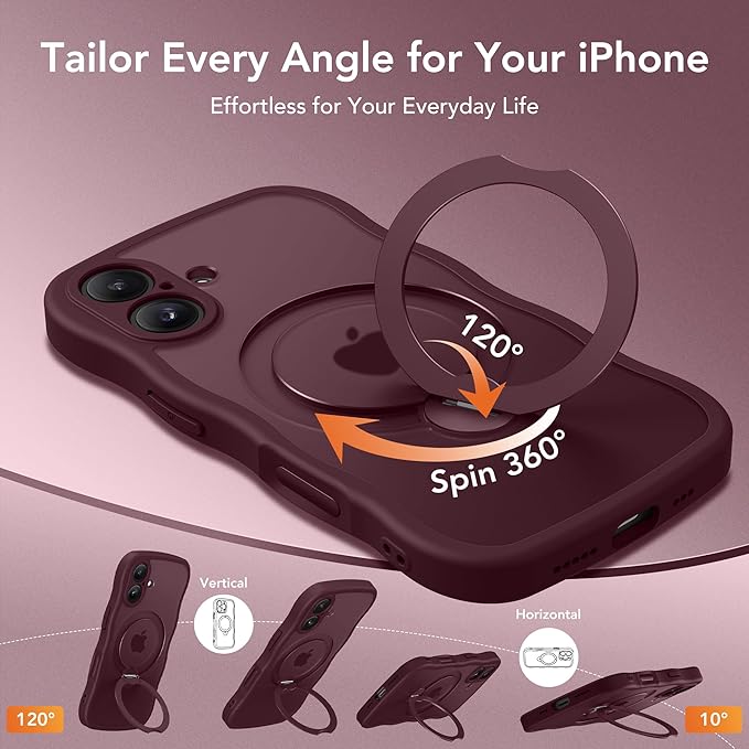 for iPhone 16 Plus Case,[Compatible with Magsafe][360° Spin Magnetic Stand][Military-Grade Protection][Camera Control][Cute Wave Edge]Translucent Matte Women Phone Cover for 16 Plus, Wine Red