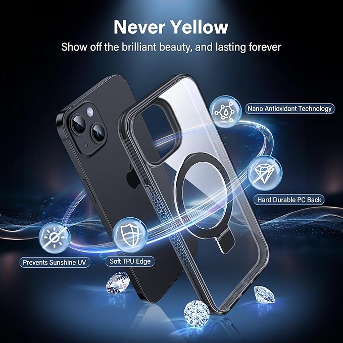 Magnetic Case for iPhone 13/14 - [Built-in Invisible Stand] [Compatible with MagSafe] [Military Grade Drop Protection] Anti-Yellowing Hard Back Silicone Edge Cover, 6.1", Clear Black