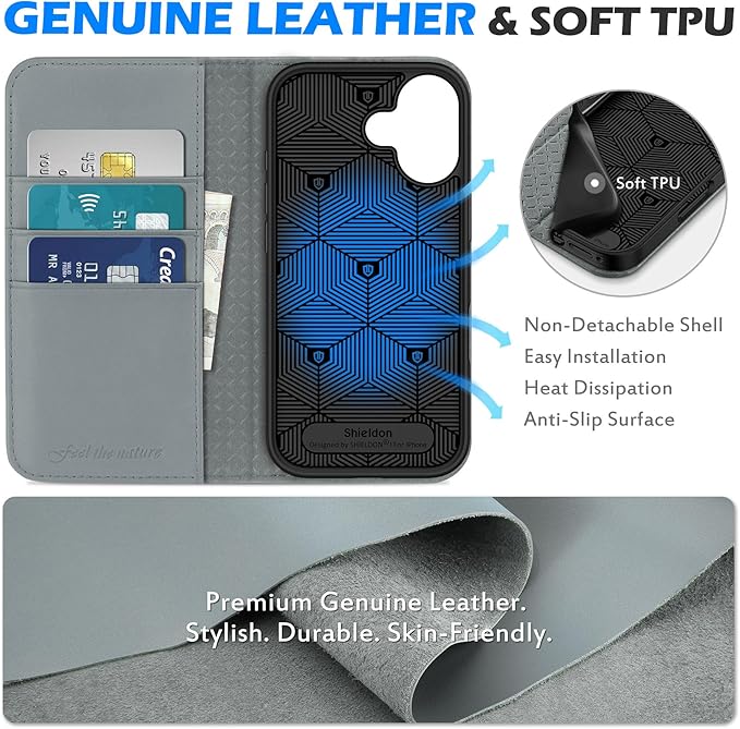 SHIELDON Wallet Case for iPhone 17 6.3-inch 5G 2025 | Genuine Leather, Flip, Magnetic Closure, RFID Blocking 3 Card Holder, Kickstand, Full Protection, Shockproof Soft TPU Cover - Gray