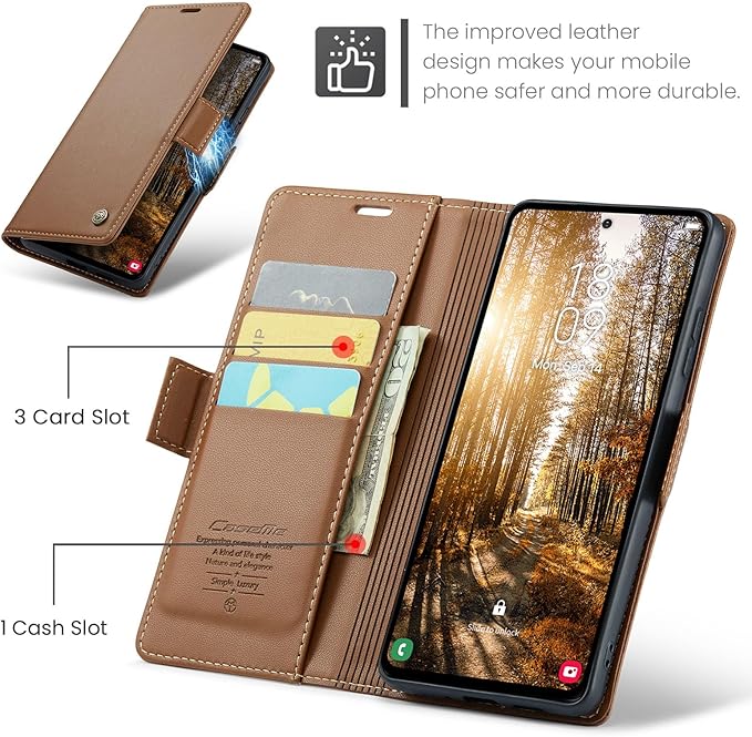 AUPAI for Samsung Galaxy S24 Plus Wallet Case with Credit Card Holder, PU Leather RFID Blocking Folio Flip Kickstand Magnetic Clasp Protective Phone case for Women Men Brown