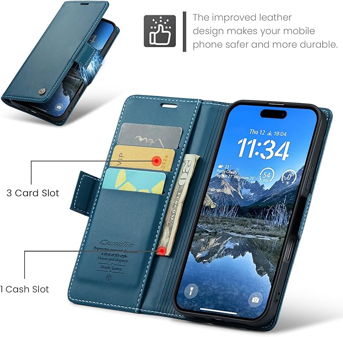 for iPhone 16 Case, Premium PU Leather Wallet Case Flip Cover with [RFID Blocking][Card Holder][Stand Function] Shockproof Protective for iPhone 16, Blue