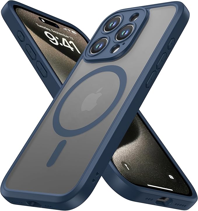 ImpactStrong Magnetic Guard Designed for iPhone 15 Pro Max Case [Camera Protection] [Military Grade Drop Tested] [Compatible with MagSafe] Slim Translucent Matte Phone Case (6.7") - Navy Blue