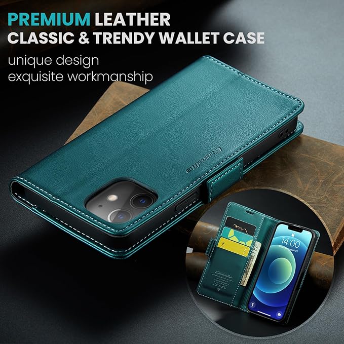 for iPhone 12/12 Pro Case, Premium PU Leather Wallet Case Flip Cover with [RFID Blocking][Card Holder][Stand Function] Shockproof Protective for iPhone 12 Pro/12, Blue-Green