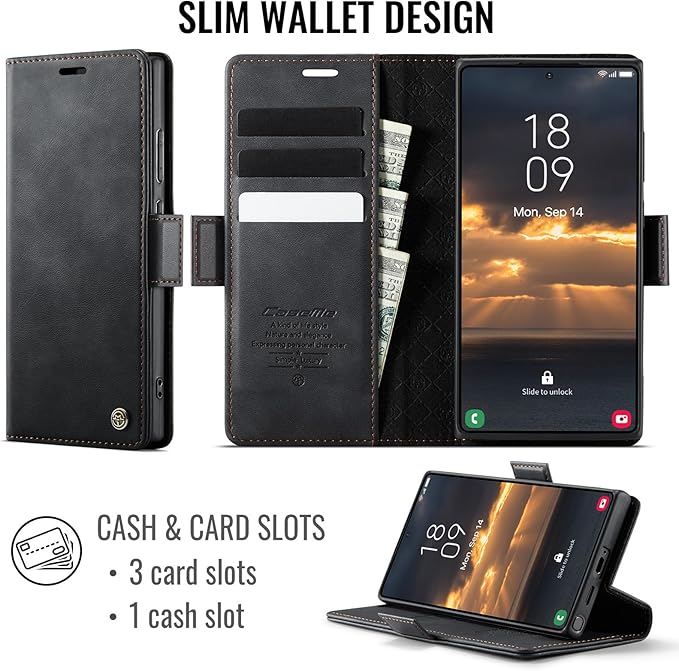 Wallet Case for Samsung Galaxy S24 Ultra Leather Wallet Flip Cover with Card Holder, Kickstand, Magnetic Closure, RFID Blocking TPU Shockproof Phone Case Compatible with S24 Ultra, Black