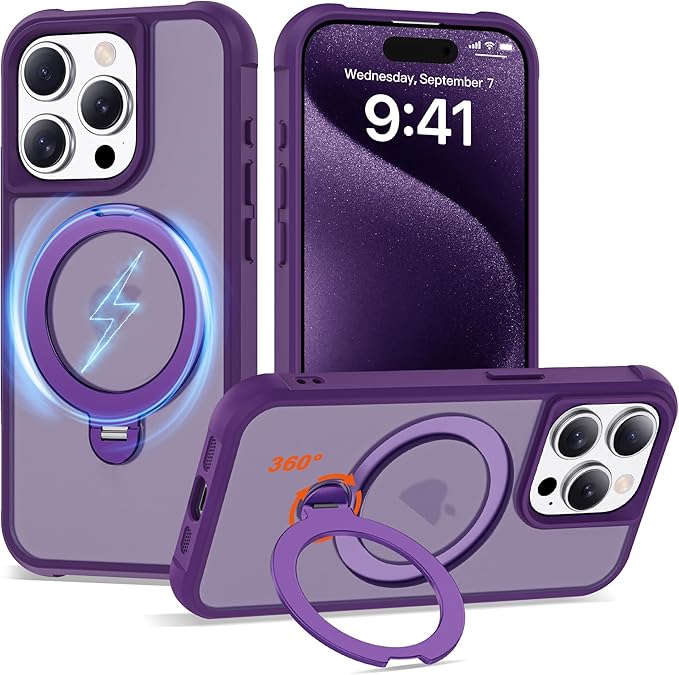 Compatible with iPhone 15 Pro Case with Invisible Magnetic 360°Spin Stand,Military-Grade Shockproof Protection [Compatible with Mag-Safe] Non-Slip Edge Translucent Case (6.1",Purple)