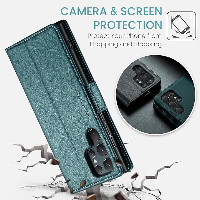 Case for Samsung Galaxy S24 Ultra Wallet Case, RFID Blocking PU Leather Flip Folio Cover Card Holder Kickstand Shockproof Phone Case Compatible with Samsung Galaxy S24 Ultra, Blue Green