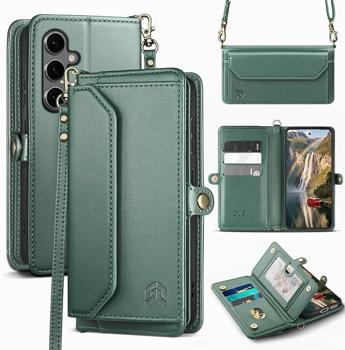 DJBull for Samsung Galaxy S25 Wallet Case with Card Holder, Shoulder and Wristlet Straps, Soft PU Leather, Magnetic Snap, Flip Phone Case for Women Men for Samsung S25 Green