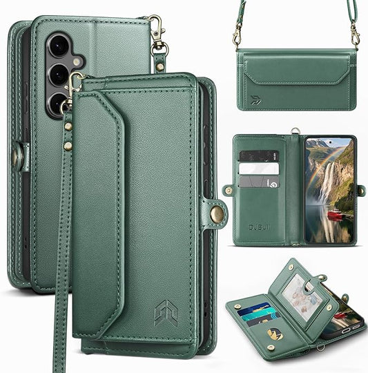 DJBull for Samsung Galaxy S25 Wallet Case with Card Holder, Shoulder and Wristlet Straps, Soft PU Leather, Magnetic Snap, Flip Phone Case for Women Men for Samsung S25 Green