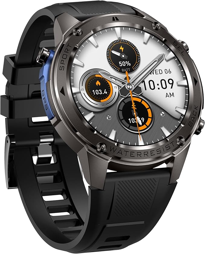 Military Smart Watch for Men GPS 6 Satellite Positioning Compass 164 Feet Water-Resistant for Swimming 500mAh Battery Make Answer Call Rugged Metal Body Smartwatch 1.43" AMOLED Always On Display Watch