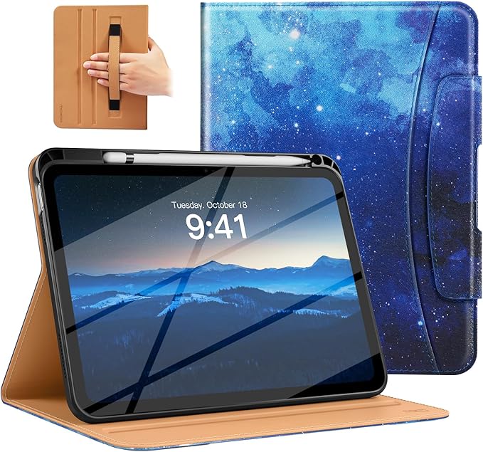 MoKo for iPad (A16) 11th Generation Case 11 inch 2025, iPad 10th Generation Case 10.9" 2022 with Pencil Holder & Pocket, Premium Leather Folio Stand Cover, Multiple Viewing Angles, Blue Starry Sky