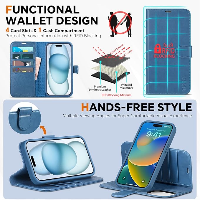 TUCCH Case Wallet for iPhone 15, Removable 2-in-1 Kickstand RFID Blocking 4 Card Slot Wireless Charging Protective Case, PU Leather Magnetic Detachable Folio Compatible with iPhone 15 6.1", Lake Blue