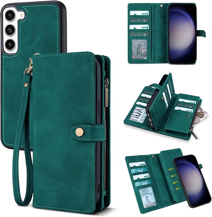 TwoHead for Samsung Galaxy S23 Wallet Case with Card Holder & Detachable Magnetic Phone Case for Galaxy S23,PU Leather Shockproof Protective Phone Cover Wallet with Wrist Strap(6.1 in,Green)